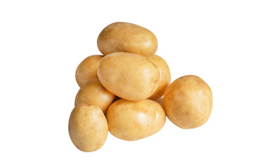 Raw potatoes isolated on white background. Fresh young potato. Heap of organic potatoes.