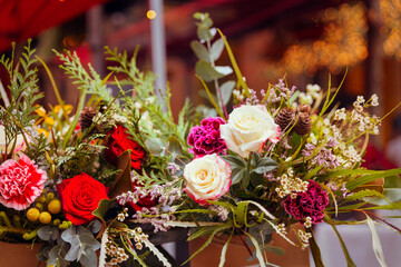 Bouquet of roses of different colors to decorate the Christmas, floral background