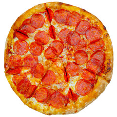 Hot pepperoni pizza with cervelat sliced into portions isolated on white background