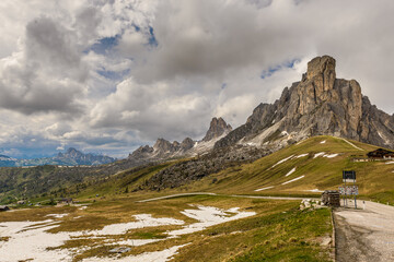 Spring landscape with Passo Giau near Cortina d Ampezzo Alps Dolomites mountains, Italy