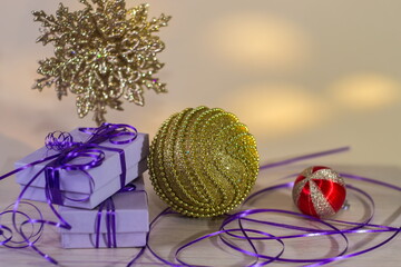 christmas and new year postcard with  gifts and Christmas decorations