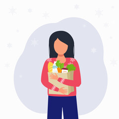Girl with a package of groceries on New Year's Eve, in a New Year's sweater. On a background of snowflakes.