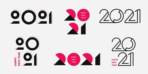 Big Set of 2021 Happy New Year logo text design. 2021 number design template. Collection of 2021 happy new year symbols. Vector illustration with black and pink labels isolated on white background. 