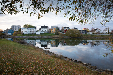 Reflection of houses in water