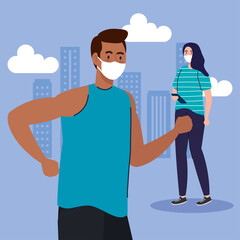 New normal of woman and man running with masks design of covid 19 virus and prevention theme Vector illustration