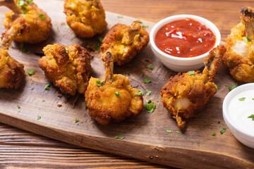 Chicken wings nuggets with sauces on wooden background .