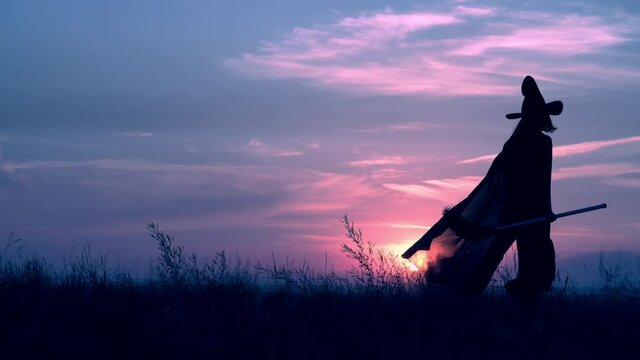 sorceress in hat and cloak walks on the field cityscape at night view on evening blue sky all saints night