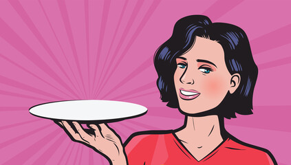 Young woman with empty tray in hand. Business concept vector illustration in style comic pop art