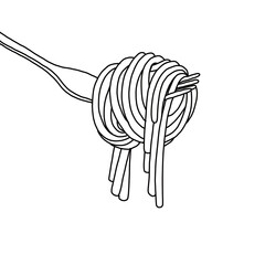 Spaghetti on a fork. Outline drawing in black pencil on a white background. The label element to the decor, the menu, recipes, icons for websites. - 383943260