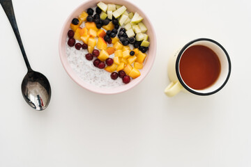 Healthy Homemade Oatmeal with fruits, breakfast meal, dietary, isolated on white