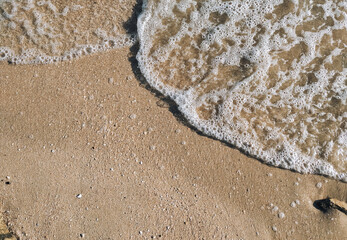 Soft wave of the sea on the sandy beach with white clean foam. Copy space