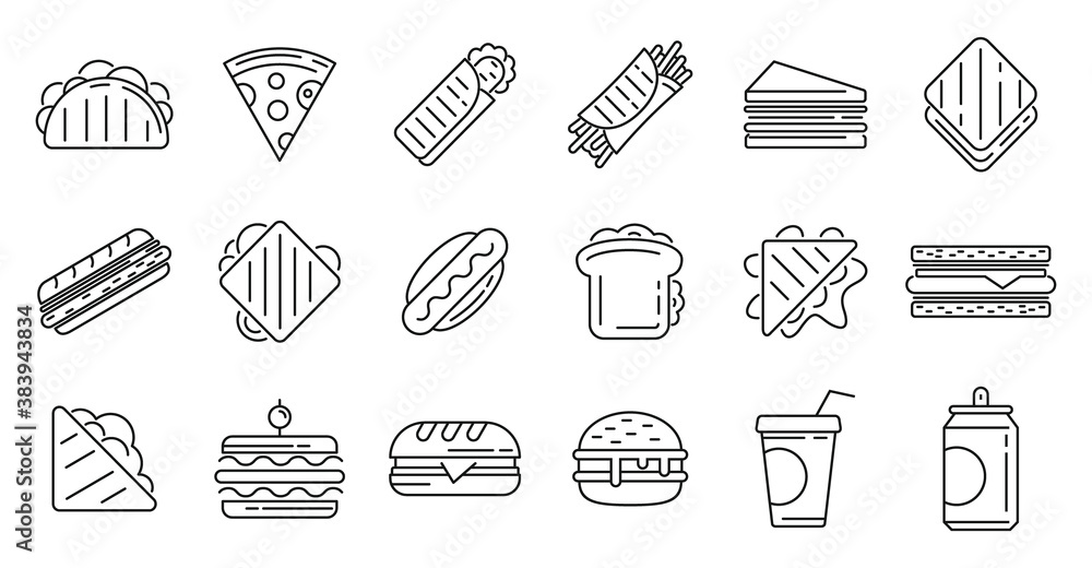Poster sandwich bar icons set. outline set of sandwich bar vector icons for web design isolated on white ba