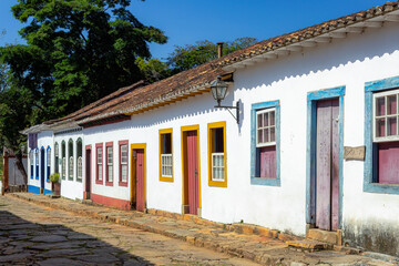 Fototapeta na wymiar Cobble stone street with Colonial Houses in Tiradentes, MG, Brasil