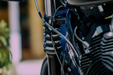 Closeup of a motorcycle parked in the streets of the city center of the metropolitan area
