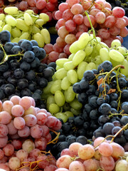 Colorful Turkish grapes on a farmers market stall in Ayvalik, Turkey.