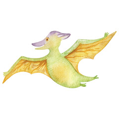 Dinosaur clip-art watercolor illustration. Pterodactyl flying isolated on white background. © galunga.art