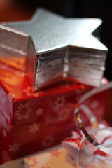 Christmas present gift boxes, red, silver white with ribbons and bows