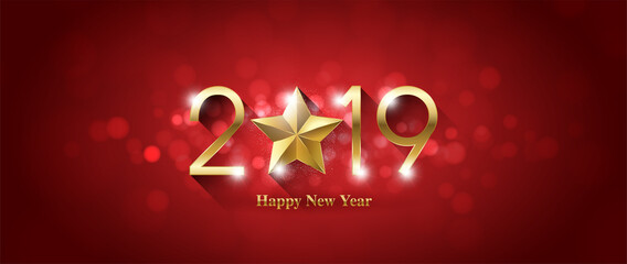 Happy new year 2019 and christmas card with gold star and glitter. vector design.