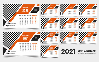 2021 Desk Calendar Template. Calendar 2021 design in a modern style. Week Starts on Monday. Set of 12 months. Monthly calendar ready for print.