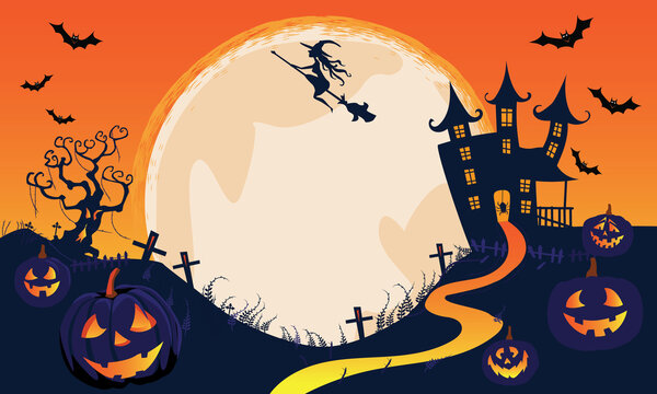 Happy Halloween orange banner trick or treat with full moon, witch, vampire, ghost, bats, pumpkin, Party invitation background with text. Vector illustration Flat design