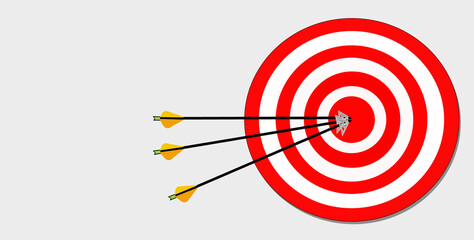 Archery target illustration,  with broadhead tips attached to the arrows in the bullseye. 