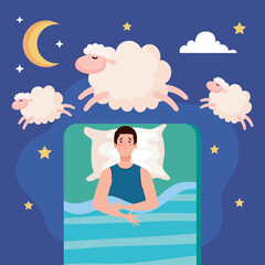insomnia man on bed with pillow and sheeps design, sleep and night theme Vector illustration
