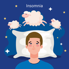 insomnia man on bed with pillow and sheeps design, sleep and night theme Vector illustration