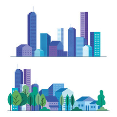 city buildings and houses with trees set design, architecture and urban theme Vector illustration