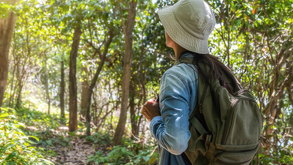 Hipster Asian woman hiking in mountain, wild adventure. Adventure Travel Concept.