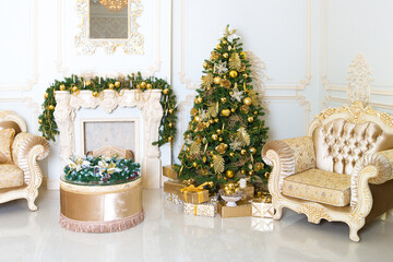 Luxury living room interior decorated with chic Christmas tree.