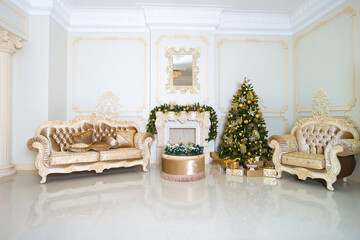 Luxury living room interior decorated with chic Christmas tree.