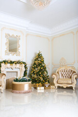 Luxury living room interior decorated with chic Christmas tree.