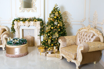 Luxury living room interior decorated with chic Christmas tree.