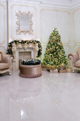 Luxury living room interior decorated with chic Christmas tree.