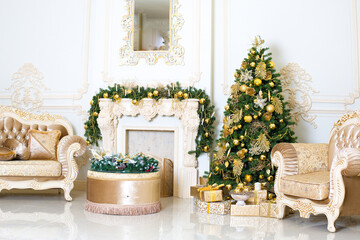 Fototapeta na wymiar Luxury living room interior decorated with chic Christmas tree.