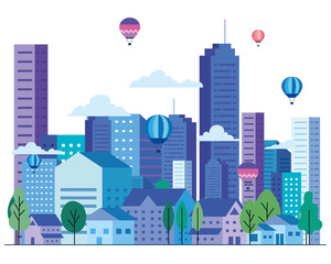City landscape with buildings houses hot air balloons trees and clouds design, architecture and urban theme Vector illustration