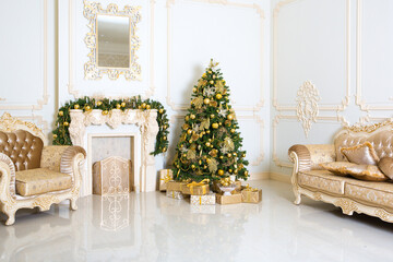 Fototapeta na wymiar Luxury living room interior decorated with chic Christmas tree.