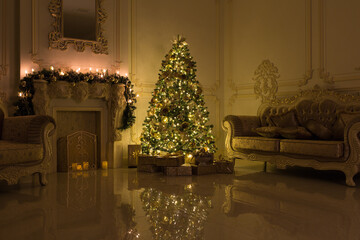 Luxury living room interior decorated with chic Christmas tree.