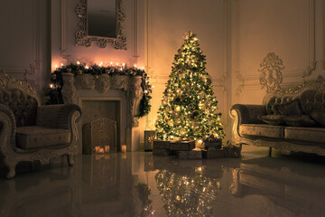Luxury living room interior decorated with chic Christmas tree.