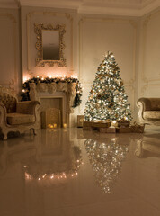 Luxury living room interior decorated with chic Christmas tree.