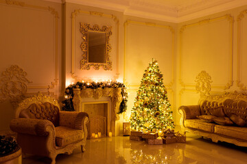 Luxury living room interior decorated with chic Christmas tree.
