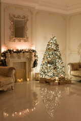 Luxury living room interior decorated with chic Christmas tree.