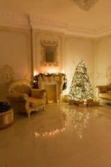 Luxury living room interior decorated with chic Christmas tree.