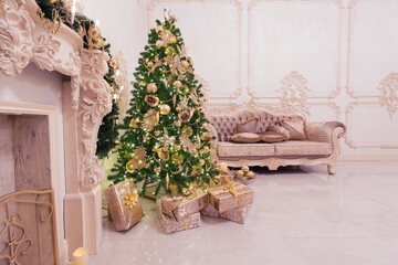Luxury living room interior decorated with chic Christmas tree.