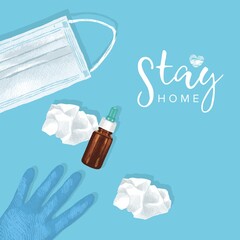 Medical collage of medical mask, nose drops, nasal napkin and gloves, 'Stay home', hand-drawn.