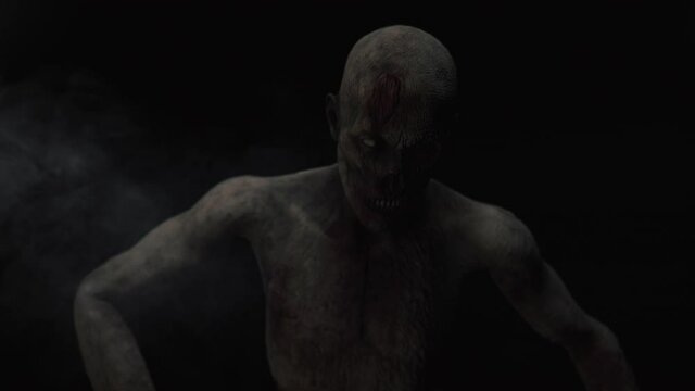 Animation of the appearance of a zombie  from the darkness. Horror scene or Halloween decoration.