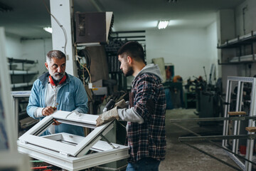 Aluminium and PVC industry workers making PVC frames for windows