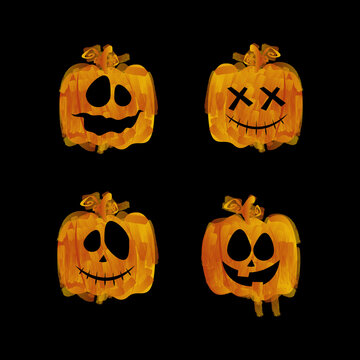 Set of watercolor pumpkin halloween collection design on black background