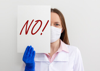 no sign word in doctor hands. Negative answer concept. No risk, no illness, no virus