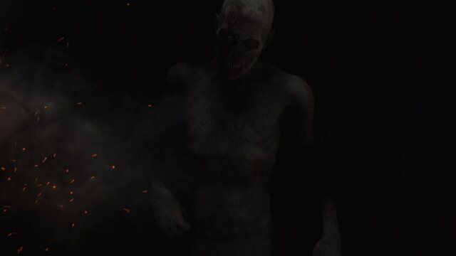 Animation of the appearance of a zombie  from the darkness. Horror scene or Halloween decoration.